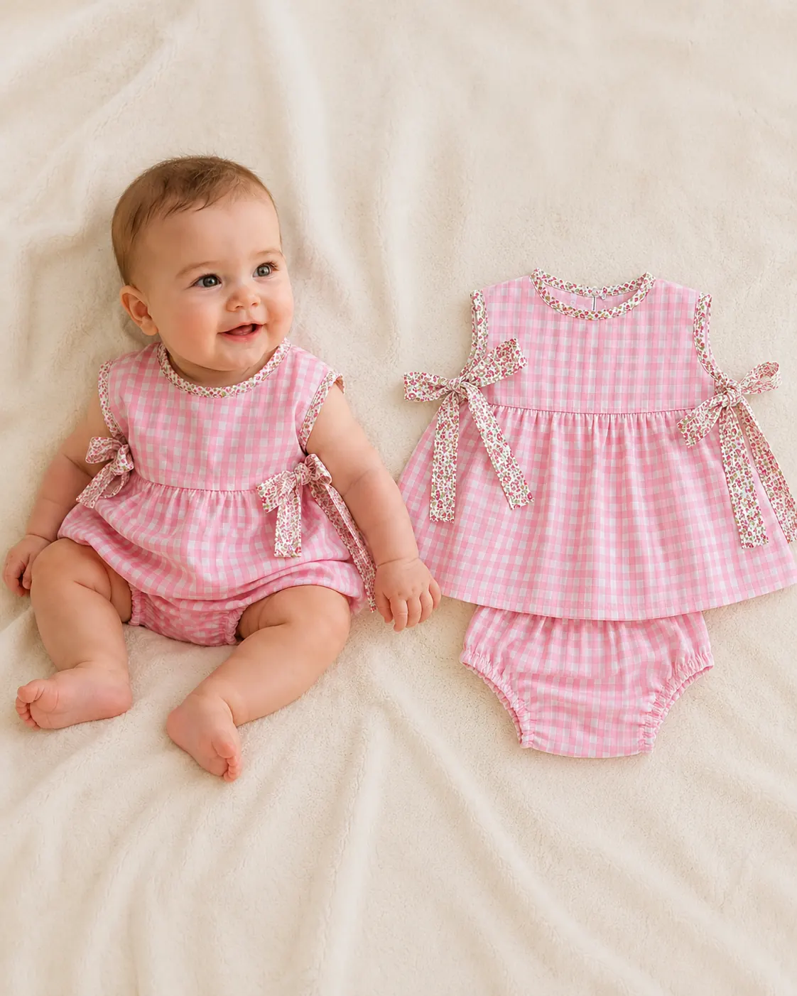 Conjunto rosa para bebé con estampado vichy confeccionado artesanalmente